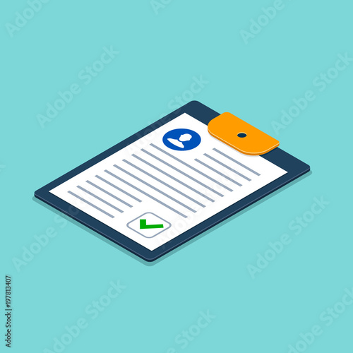 Clipboard with man silhouette Isometric illustration. Approved Checklist Job application form with profile photo concept. Modern flat design. Vector
