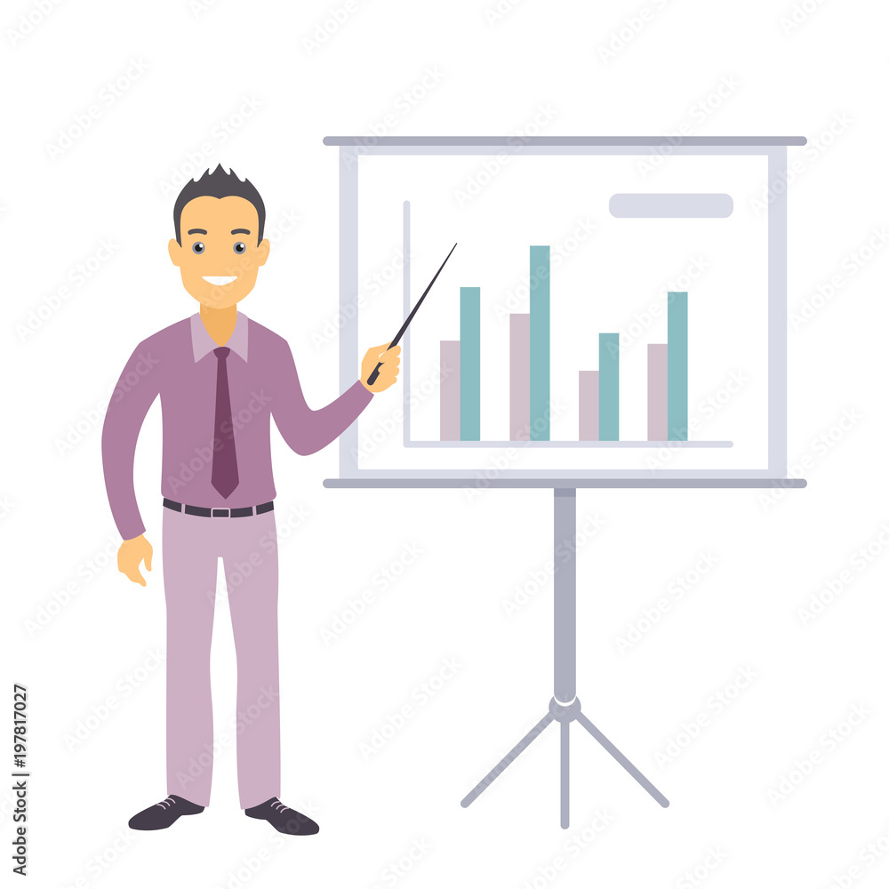 Business man character pointing at charts on a presentation board Business man character pointing at charts on a presentation board