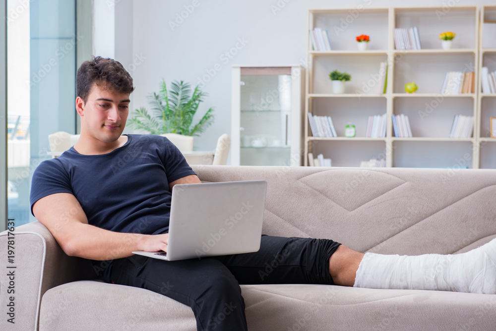 Man with broken leg recovering at home Man with broken leg recovering at home