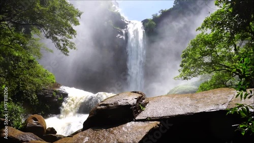 Landscape with water streams and waterfall in the background captured low angle.