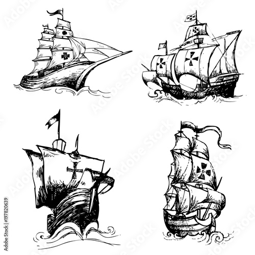 set of columbus ship doodle hand drawn