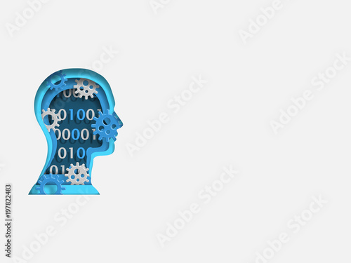 Curvilinear form of human brain containing wheels and digits. Volumetric multilevel cut from a paper of human head. Business concept. Creative idea. Technology background. Vector illustration.