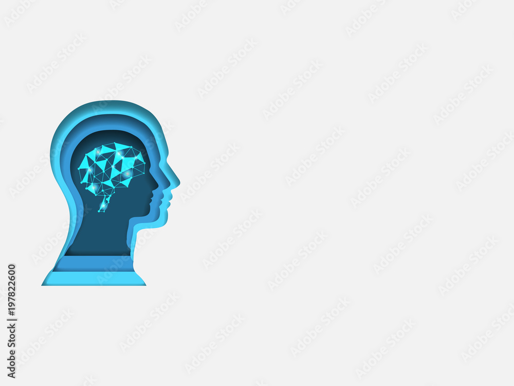 Curvilinear form of human brain containing group neural network. Volumetric multilevel cut from a paper of human head. Business concept of innovation. Creative idea. Technology background. Curvilinear form of human brain containing group neural network. Volumetric multilevel cut from a paper of human head. Business concept of innovation. Creative idea. Technology background.