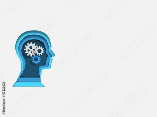 Curvilinear form of human brain containing group of 3d gears. Volumetric multilevel cut from a paper of human head. Business concept of innovation. Creative idea. Technology background.