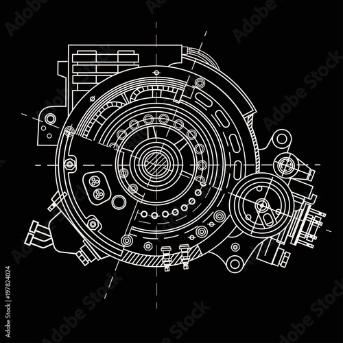 Drawing the electric motor section representing the internal structure and mechanisms. It can be used to illustrate the ideas related to science, engineering design and high-tech.