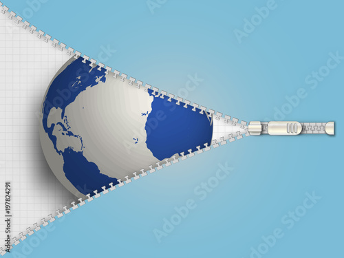 Zipper opening the earth model on grid background represent concept of world exploring. Vector zipper design template. Blue zip background. Business concept. Technology background.