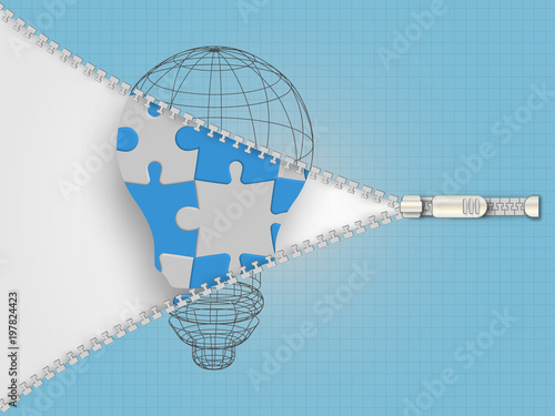 Zipper opening the lightbulb jigsaw from wireframe model. Vector zipper design template. Blue zip background. Business concept. Vector illustration. Technology background.