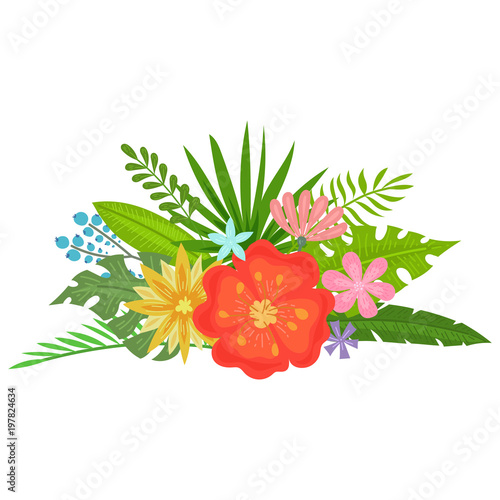 Bouquet with tropical flowers and leaves doodle style, design for postcard and invitation. Vector © DruZhi Art
