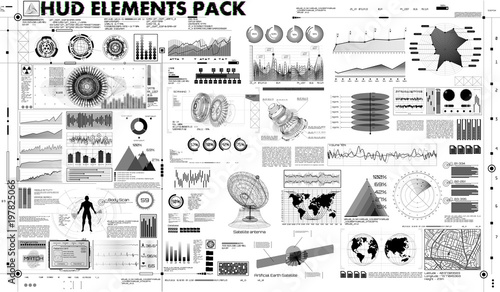 set of black and white infographic elements. Set abstract HUD elements for UI UX design (business, medicine, forex, finance, analytics) Statistic and data, sci infographic. Template Head-up display