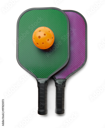 Pickleball Paddles with Ball on White