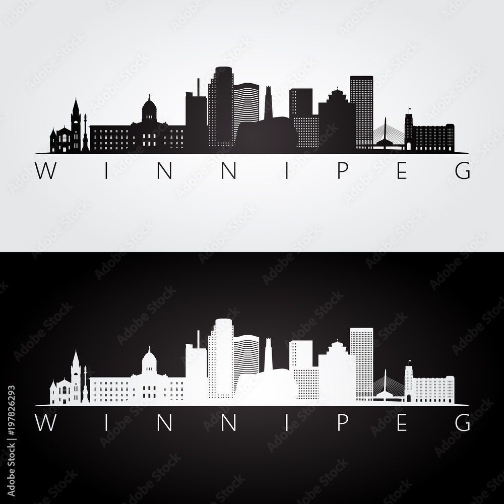 Winnipeg skyline and landmarks silhouette, black and white design, vector illustration.