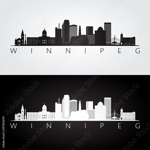 Winnipeg skyline and landmarks silhouette, black and white design, vector illustration.