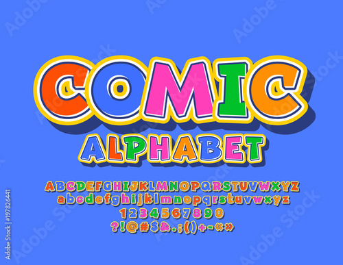 Vector colorful Children Comic Alphabet. Sticker funny Font. Playful Letters, Numbers and Symbols