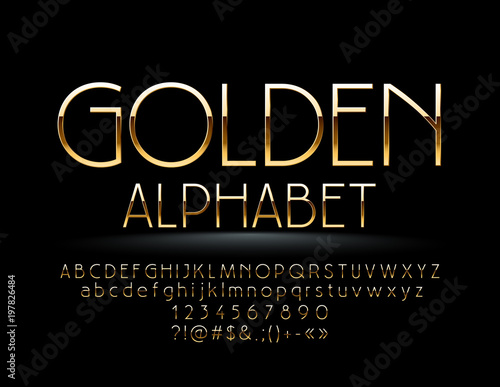 Vector Golden Alphabet. Chic thin Font. Elegant Letters, Numbers and Symbols