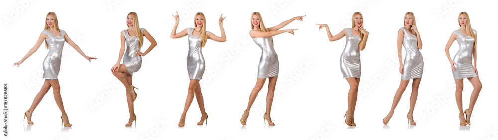 Young woman in silver dress isolated on white Young woman in silver dress isolated on white