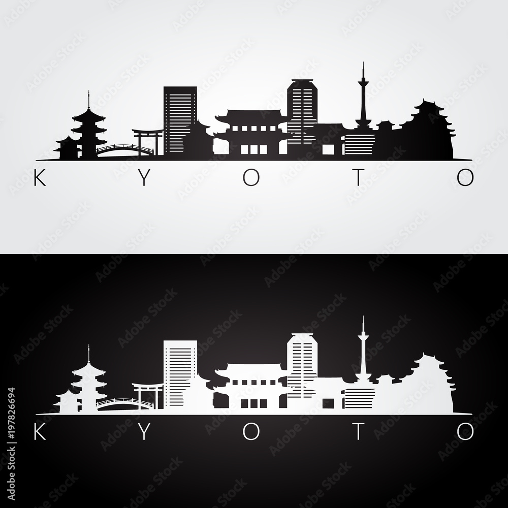 Kyoto skyline and landmarks silhouette, black and white design, vector illustration.