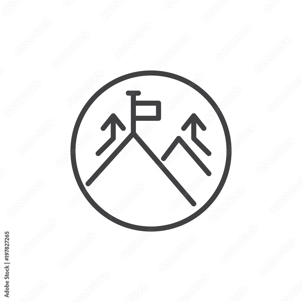 Mountain peak and flag outline icon. linear style sign for mobile concept and web design. Business mission simple line vector icon. Symbol, logo illustration. Pixel perfect vector graphics Mountain peak and flag outline icon. linear style sign for mobile concept and web design. Business mission simple line vector icon. Symbol, logo illustration. Pixel perfect vector graphics