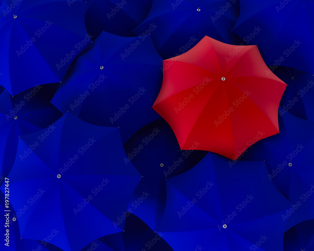 Top view of unique red umbrella standing out from the blue crowd. 3d illustration Top view of unique red umbrella standing out from the blue crowd. 3d illustration