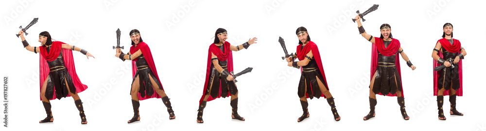 Gladiator posing with sword isolated on white Gladiator posing with sword isolated on white