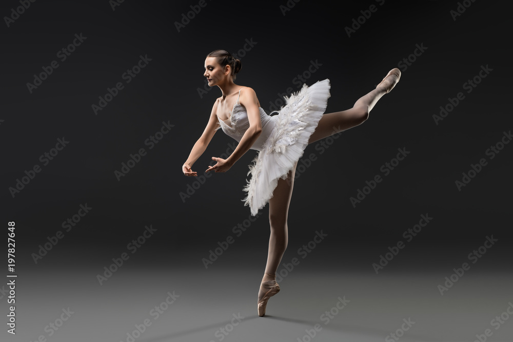 Beautiful ballerina in white tutu dancing view
