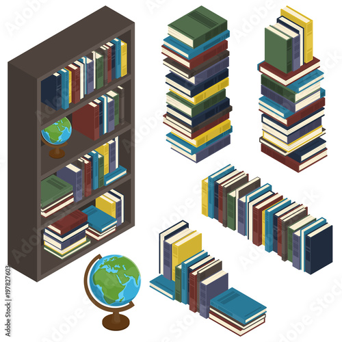 Set of isometric books in a row, pile, in a bookcase isolated on a white background.