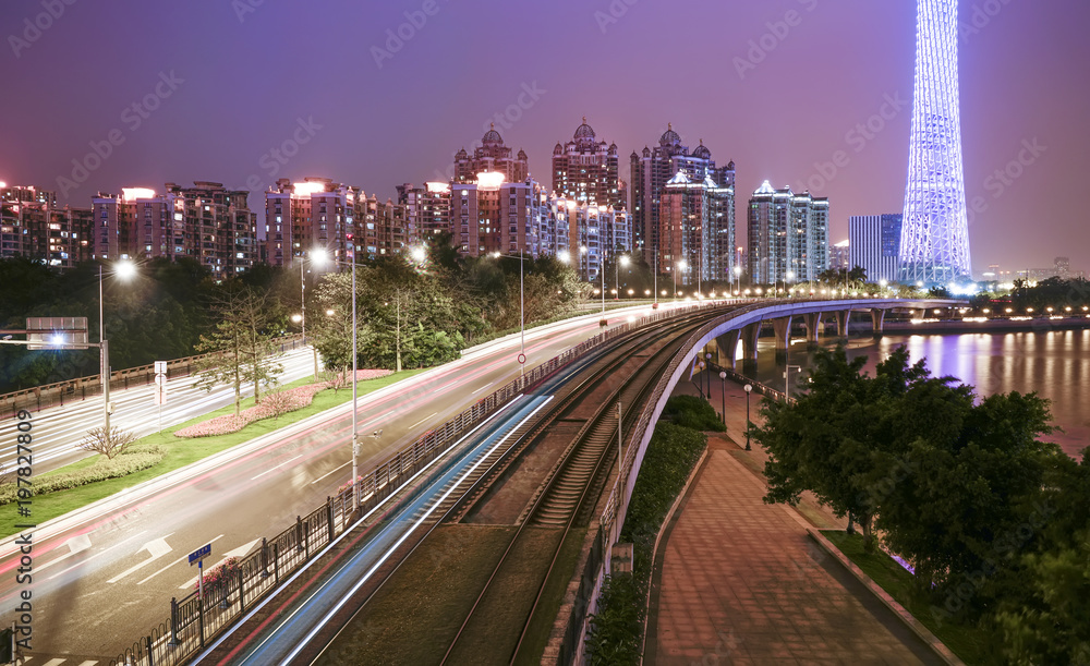 The beautiful city night scene and the skyline of the architectural landscape in Guangzhou