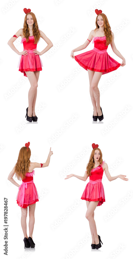 Pretty young model in mini pink dress isolated on white Pretty young model in mini pink dress isolated on white