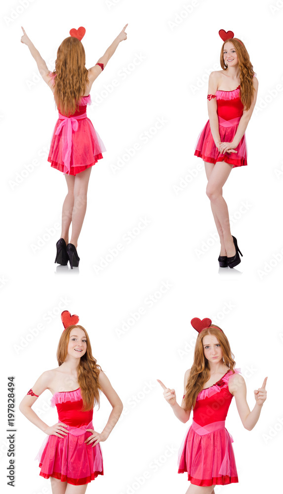 Pretty young model in mini pink dress isolated on white Pretty young model in mini pink dress isolated on white