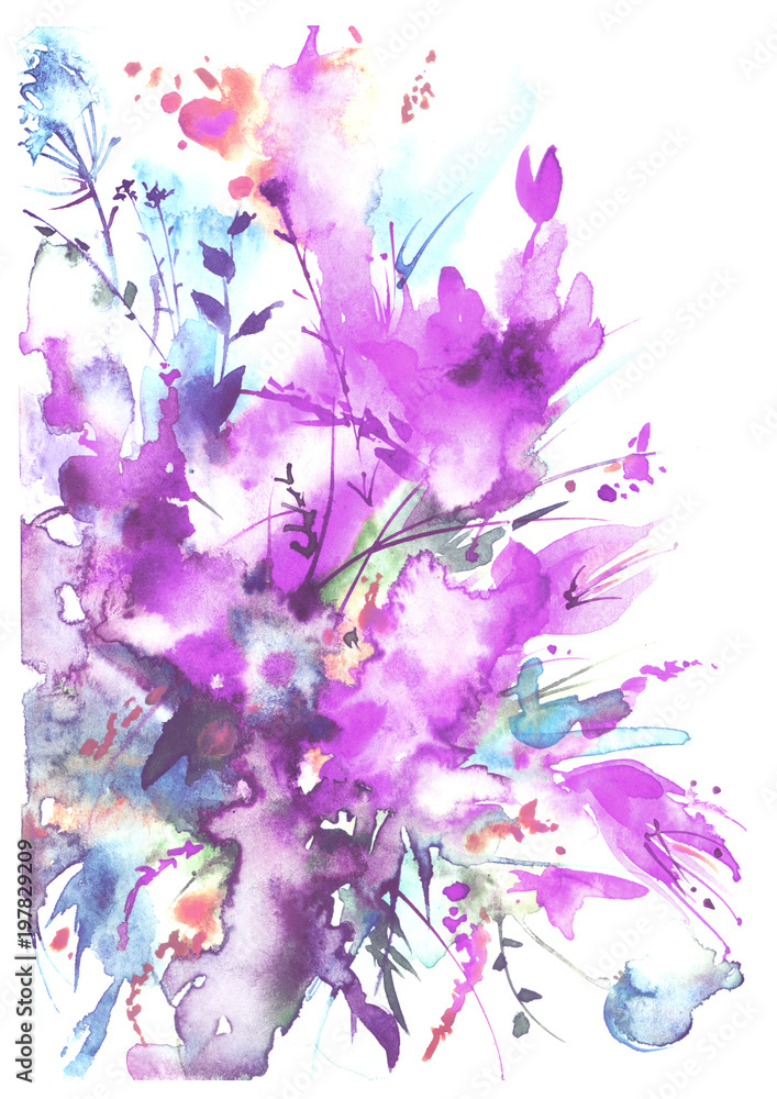 Obraz Akwarela bukiet kwiaty, Piękny abstrakcjonistyczny pluśnięcie farba, mody ilustracja. Kwiaty orchidei, maku, chaber, mieczyk, piwonia, róża, pole lub ogród kwiaty. Na białym tle.