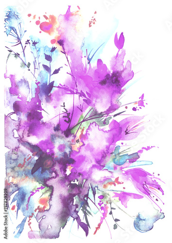 Obraz na płótnie Akwarela bukiet kwiaty, Piękny abstrakcjonistyczny pluśnięcie farba, mody ilustracja. Kwiaty orchidei, maku, chaber, mieczyk, piwonia, róża, pole lub ogród kwiaty. Na białym tle.