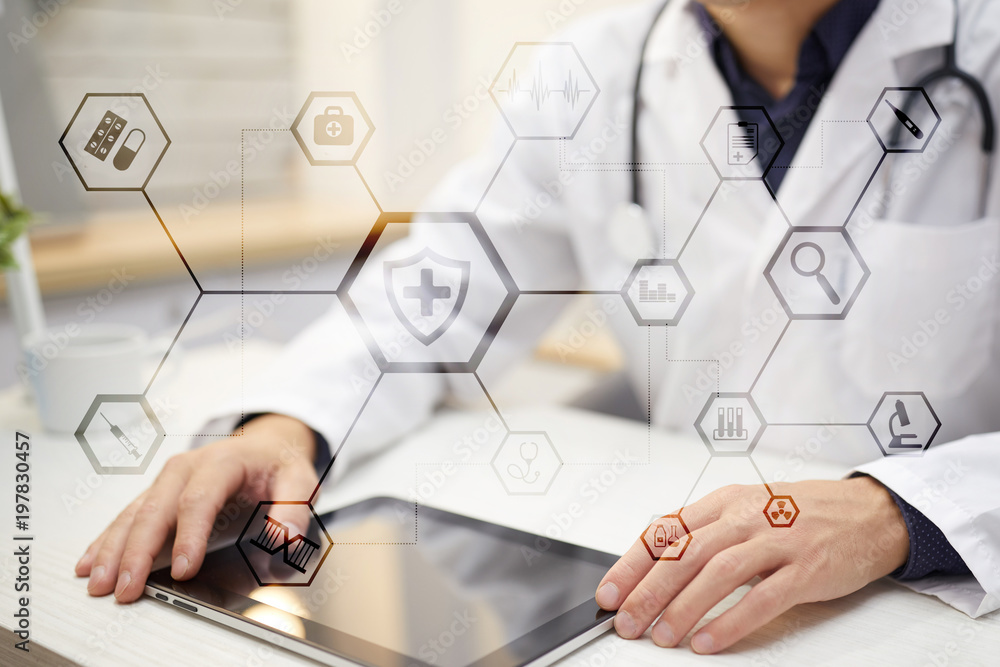 Medical concept on virtual screen. Healthcare. Online medical consultation and health check, EMR, EHR. Medical concept on virtual screen. Healthcare. Online medical consultation and health check, EMR, EHR.