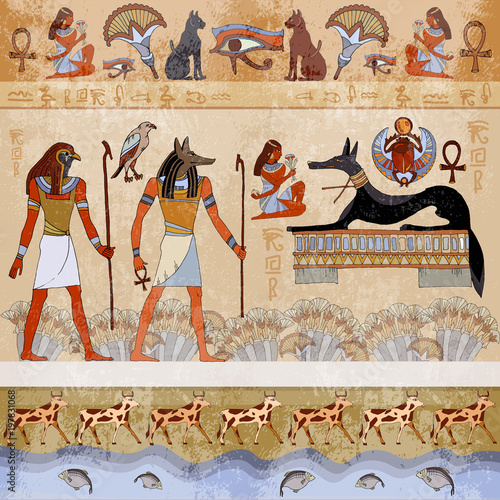 Ancient Egypt. Grunge Egypt seamless murals background. Hieroglyphic carvings on the exterior walls of an ancient egyptian. Egyptian gods and pharaohs