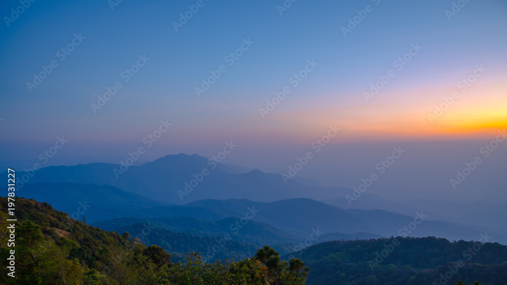 Evening twilight dawning cool landscape from hill top