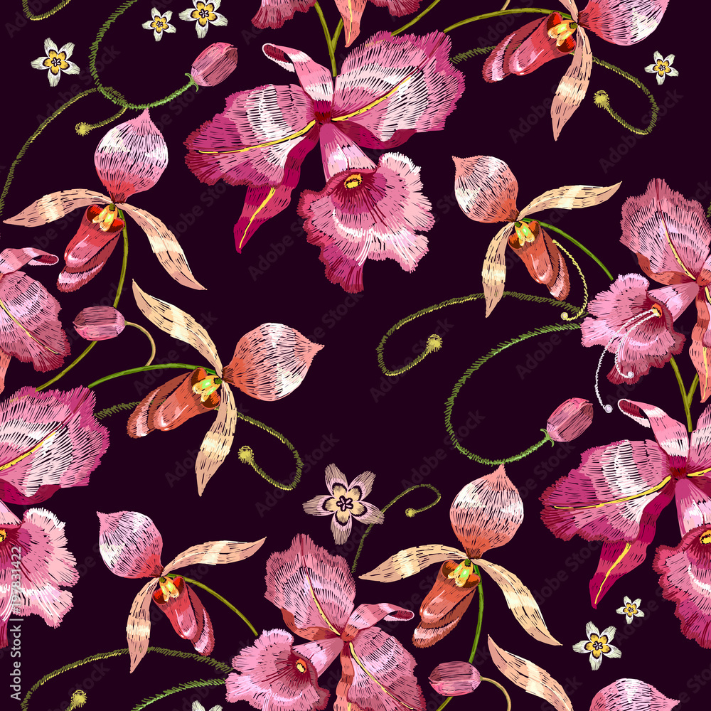 Orchids embroidery seamless pattern vector. Beautiful tropical orchids