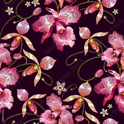 Orchids embroidery seamless pattern vector. Beautiful tropical orchids paradise flower, classical embroidery template for clothes