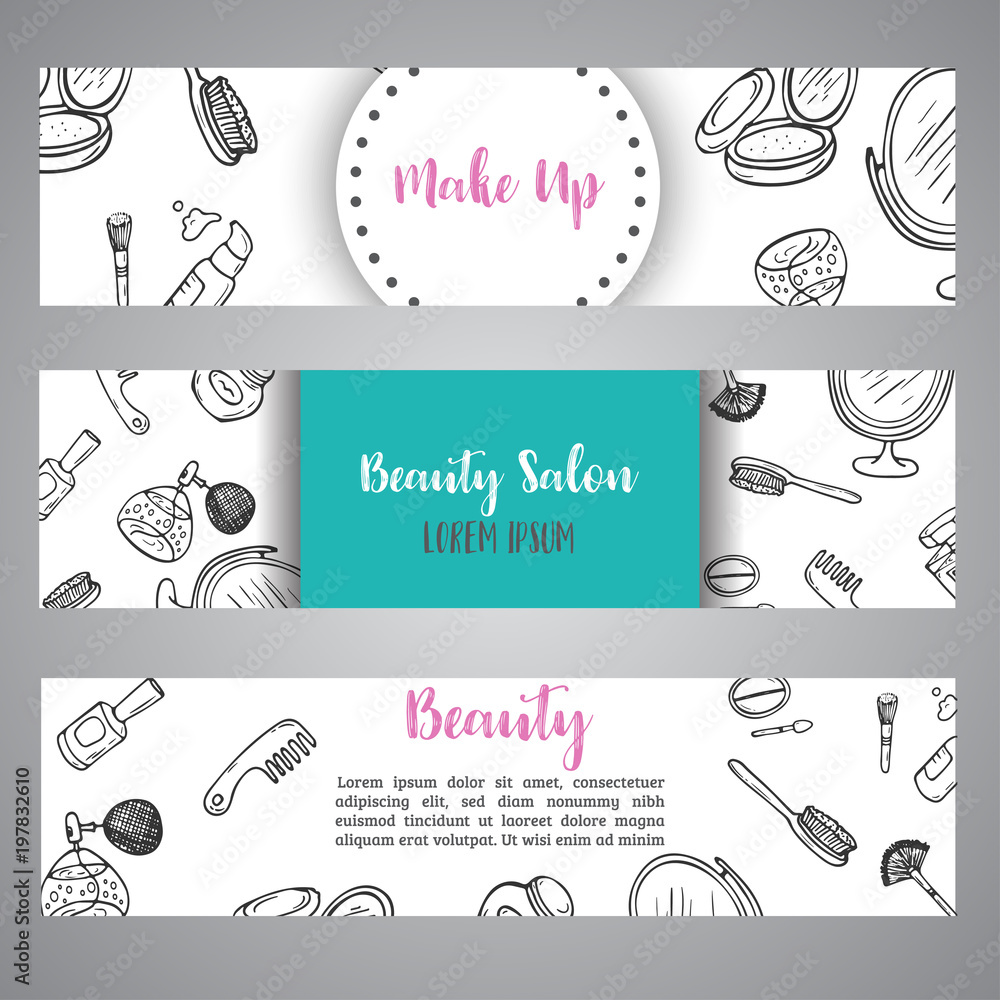 Naklejka premium Makeup business banner Cosmetics items. Advert for shop, beauty salon, flyer design, web template. Vector illustration