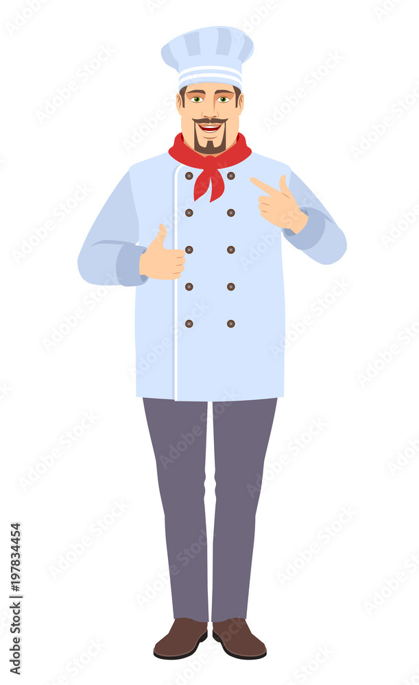 Self promotion. Chef showing thumb up and pointing the finger at yourself Self promotion. Chef showing thumb up and pointing the finger at yourself