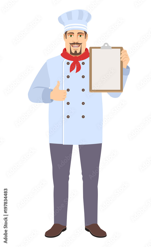 Chef showing thumb up and holding clipboard