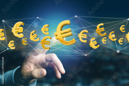 Euro sign flying around a network connection - 3d render