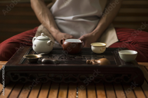 Exquisite Green Tea in Teapot at Traditional Chinese Tea Ceremony. Set of Equipment