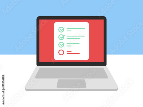 Laptop and checkboxes with check mark. Checklist, white tick on laptop screen. Choice, survey concepts. Modern flat design graphic elements for web banners, websites, infographics. Vector illustration