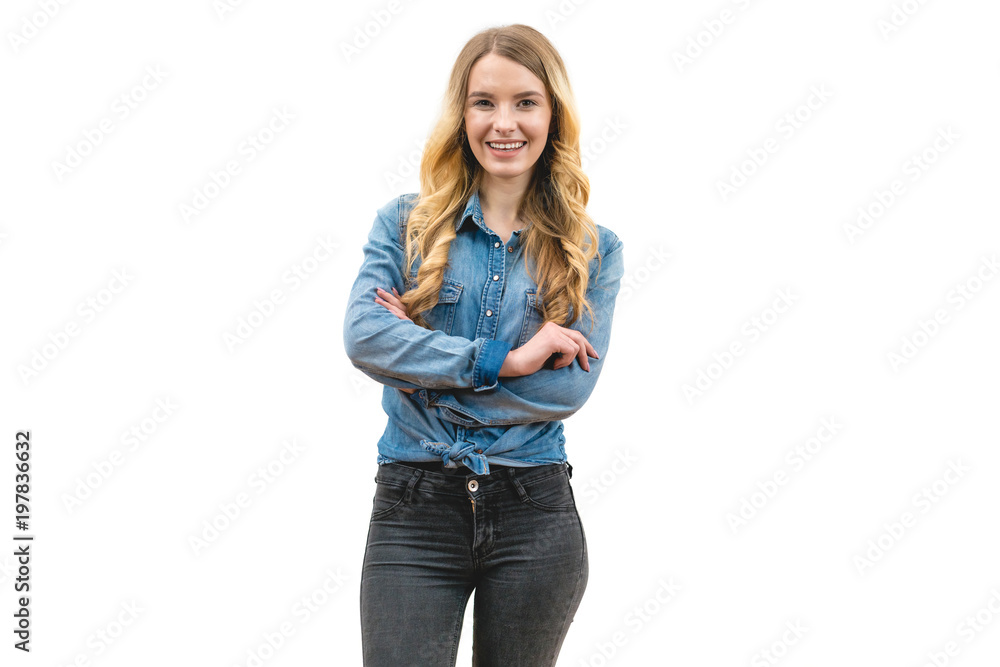The cute woman standing on the white background The cute woman standing on the white background