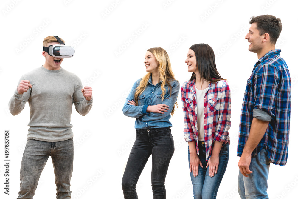 The four friends fun with virtual reality glasses on the white background
