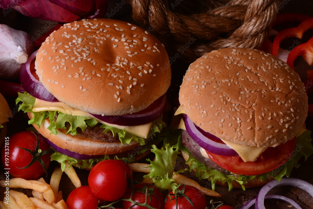 Hamburger with meat and vegetables Hamburger with meat and vegetables