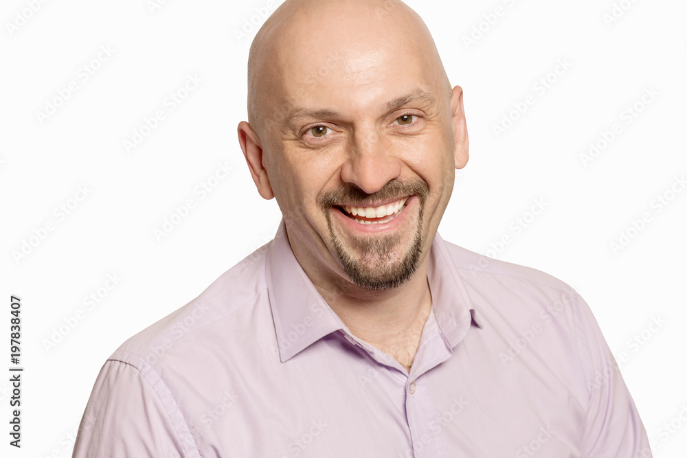 Fototapeta premium Bald man laughing, close-up, isolated