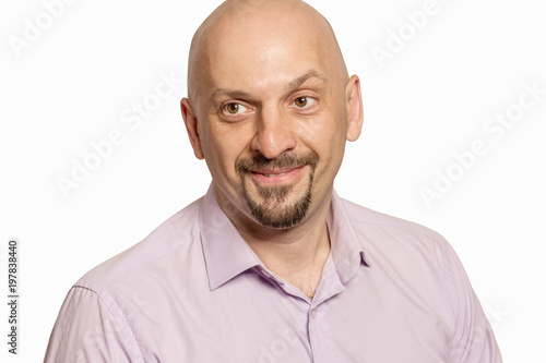 Bald man laughing, close-up, isolated
