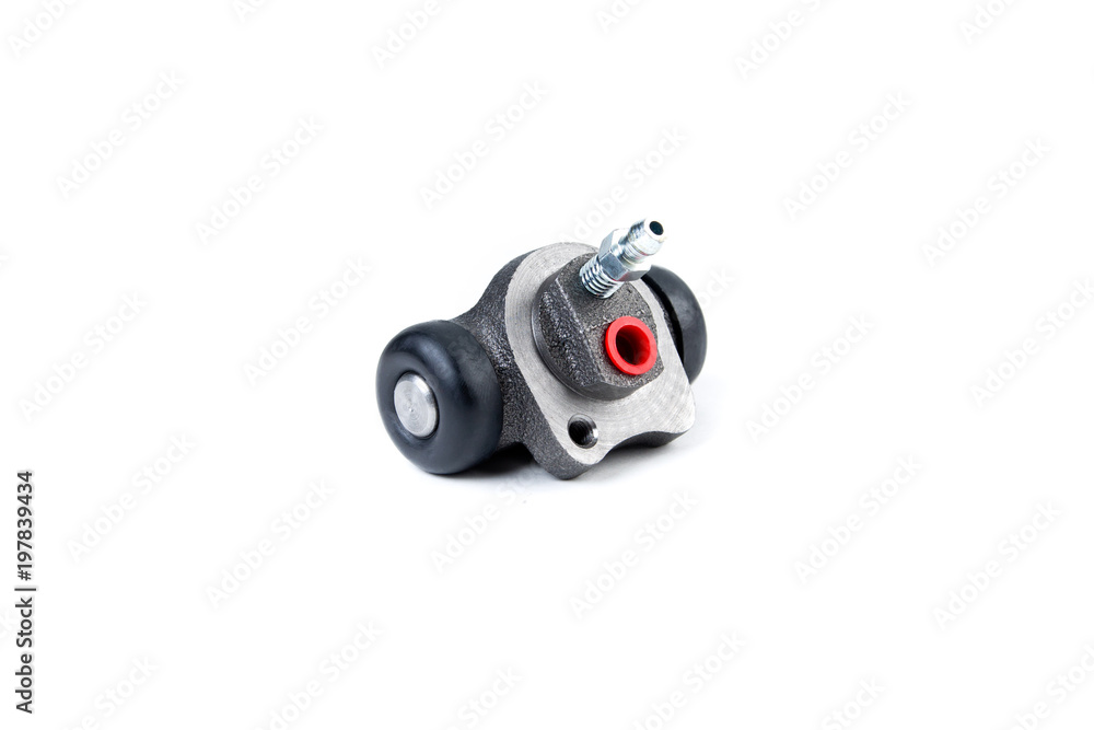 Brake cylinder, drum brake system on white background. Auto parts brake systems of drum type. Brake cylinder, drum brake system on white background. Auto parts brake systems of drum type.