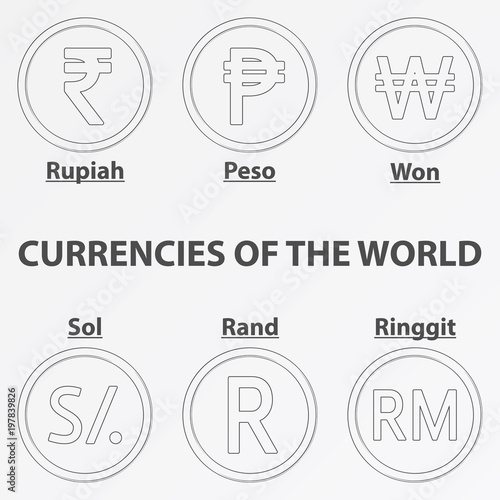 Set of six lineart icon with currency signs of the world. Lineart rupiah, peso, won, sol, rand and ringgit.