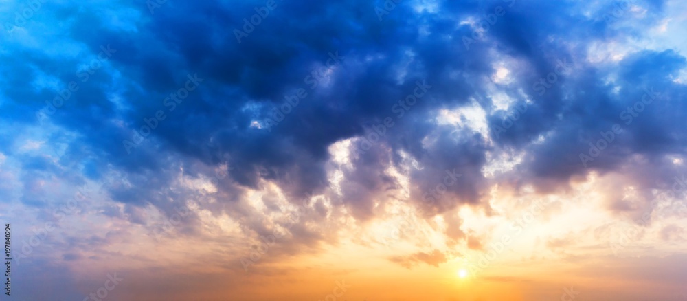 panorama background of sunrise in twilight sky and colorful clouds at morning
