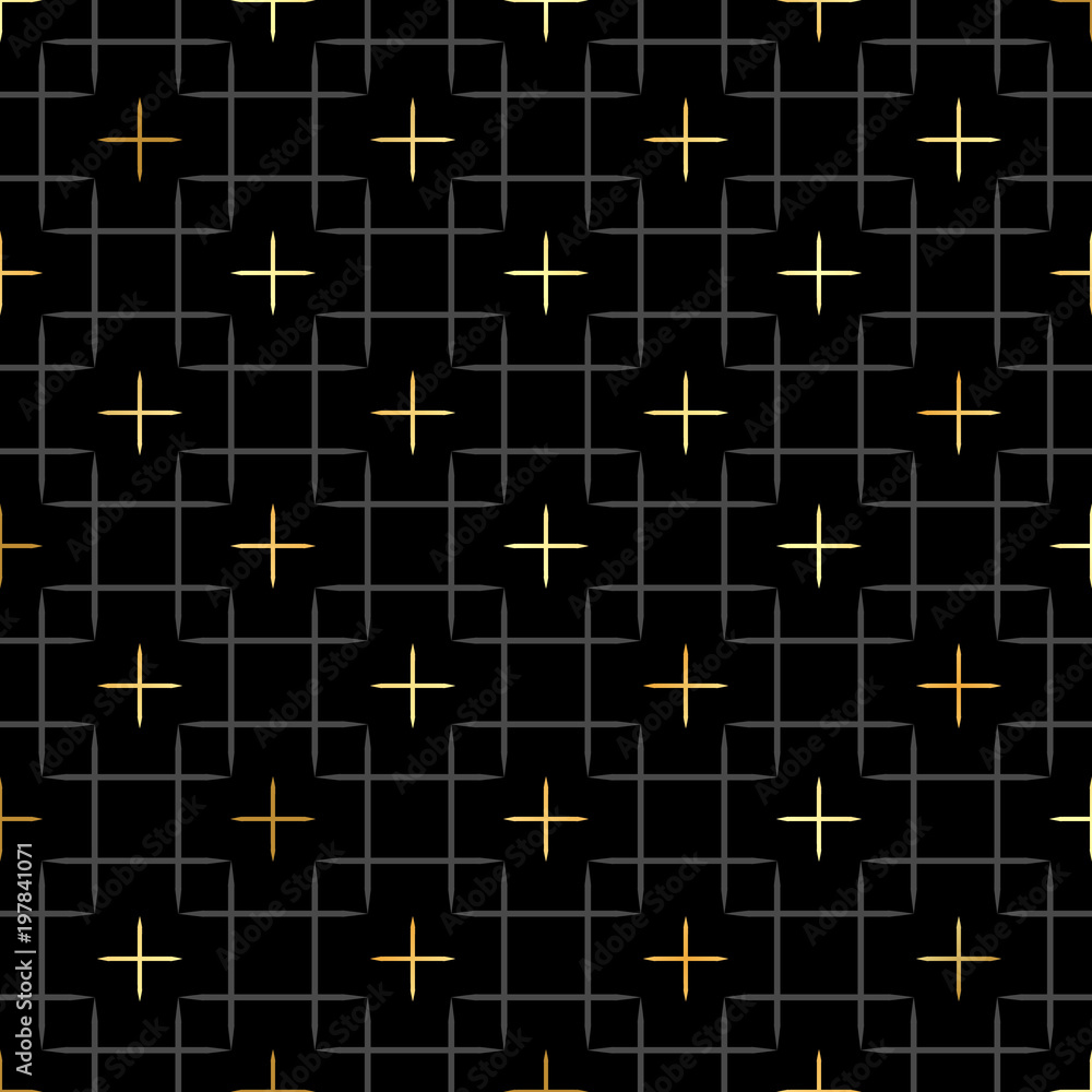 Black squares and gold star geometric pattern in repeat. Fabric print. Seamless background, mosaic ornament, ethnic style. Design for prints on fabrics, textile, surface, paper, wallpaper, interior Black squares and gold star geometric pattern in repeat. Fabric print. Seamless background, mosaic ornament, ethnic style. Design for prints on fabrics, textile, surface, paper, wallpaper, interior
